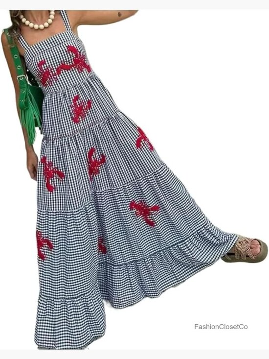 Dresses & Skirts - Gingham Lobster Print Maxi Dress Ruffle Linen Sun Dress